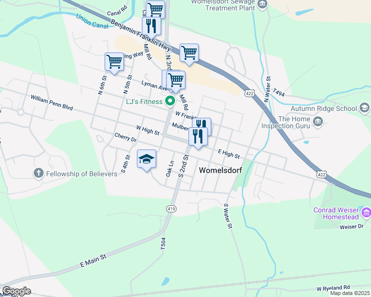 map of restaurants, bars, coffee shops, grocery stores, and more near 148 West High Street in Womelsdorf