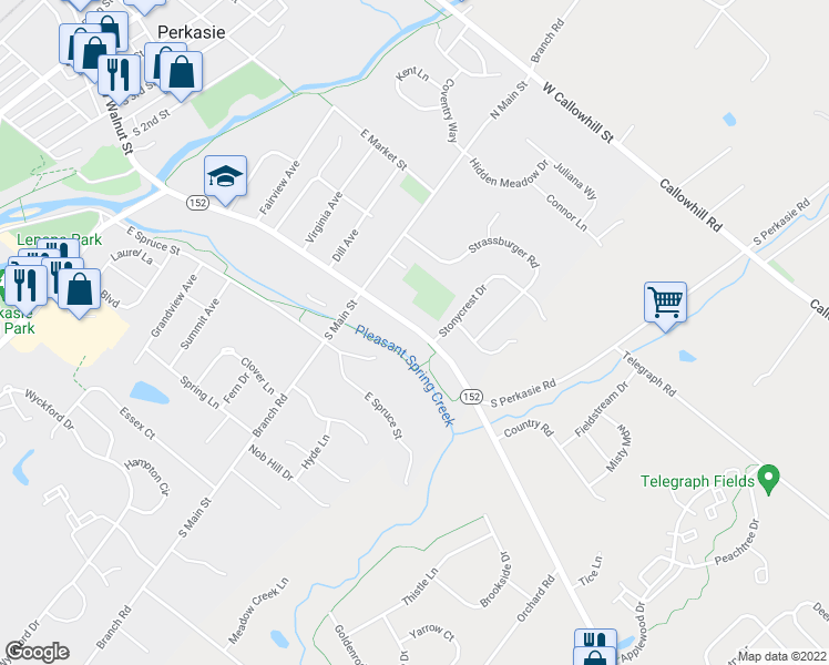 map of restaurants, bars, coffee shops, grocery stores, and more near 639 East Walnut Street in Perkasie