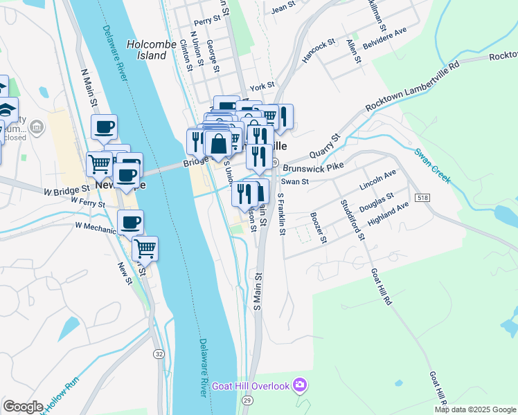 map of restaurants, bars, coffee shops, grocery stores, and more near 87 South Main Street in Lambertville