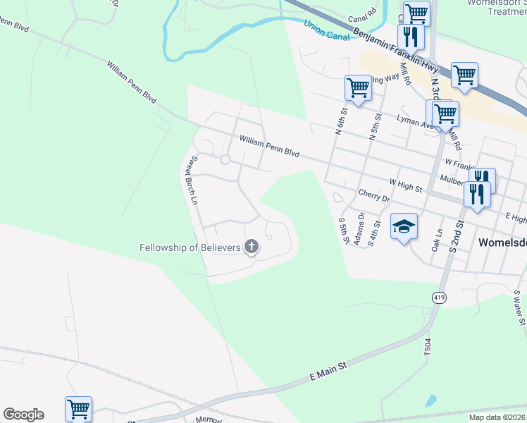 map of restaurants, bars, coffee shops, grocery stores, and more near 171 Copper Beech Lane in Womelsdorf