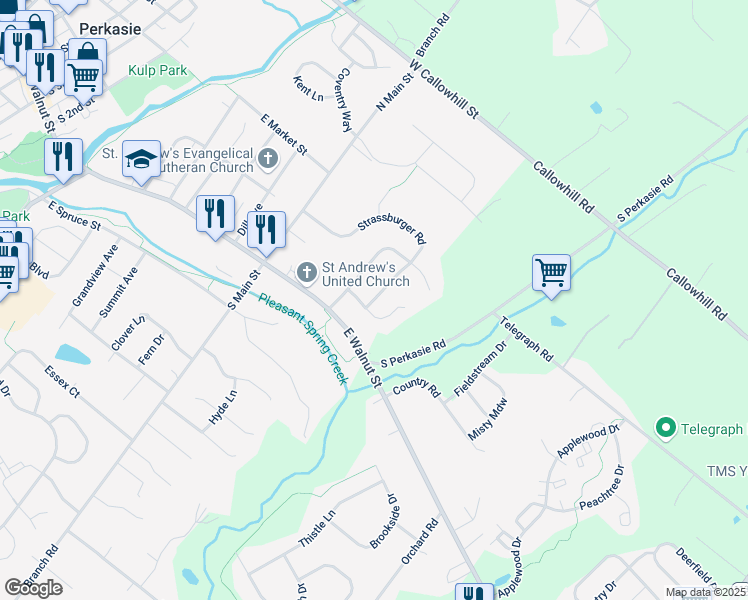 map of restaurants, bars, coffee shops, grocery stores, and more near 119 Strassburger Road in Perkasie