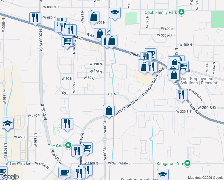 map of restaurants, bars, coffee shops, grocery stores, and more near 1261 West 20 South in Pleasant Grove