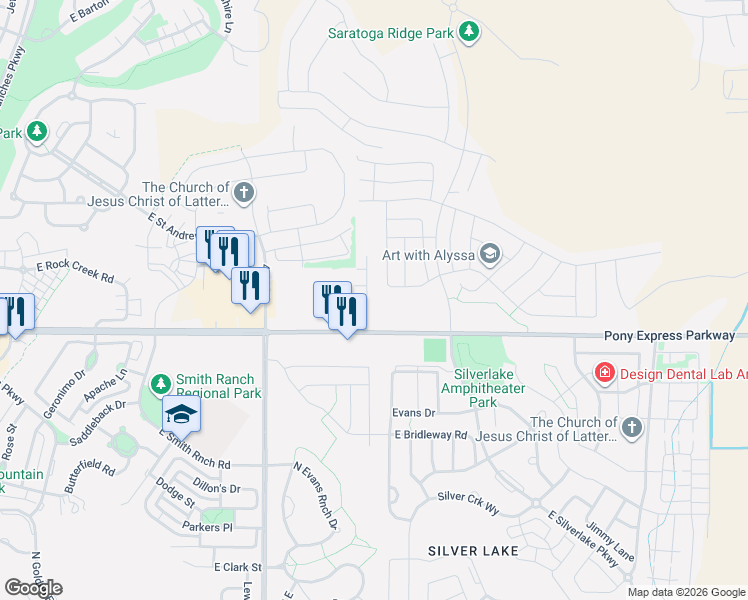 map of restaurants, bars, coffee shops, grocery stores, and more near 4382 East Fell Pony Court in Eagle Mountain