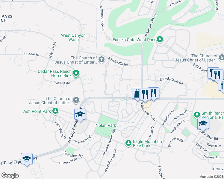 map of restaurants, bars, coffee shops, grocery stores, and more near 8085 Quarter Mile Drive in Eagle Mountain
