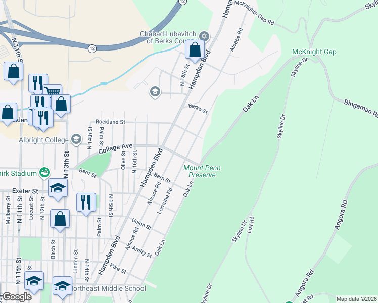 map of restaurants, bars, coffee shops, grocery stores, and more near 1916 Lorraine Road in Reading
