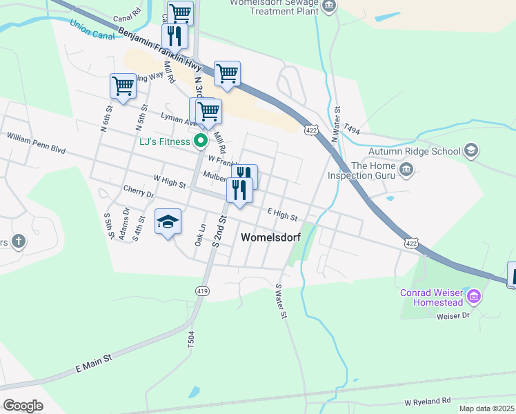 map of restaurants, bars, coffee shops, grocery stores, and more near 107 West High Street in Womelsdorf