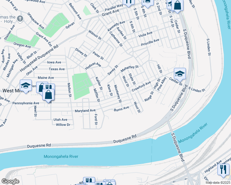 map of restaurants, bars, coffee shops, grocery stores, and more near 830 Monterey Street in Duquesne