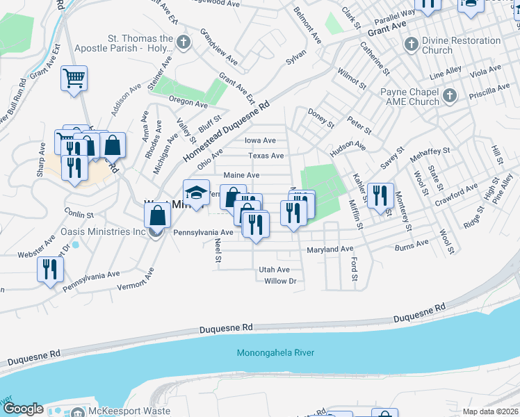 map of restaurants, bars, coffee shops, grocery stores, and more near 1745 Vermont Avenue in West Mifflin