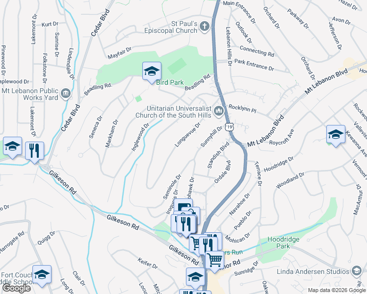 map of restaurants, bars, coffee shops, grocery stores, and more near 105 Longuevue Drive in Pittsburgh