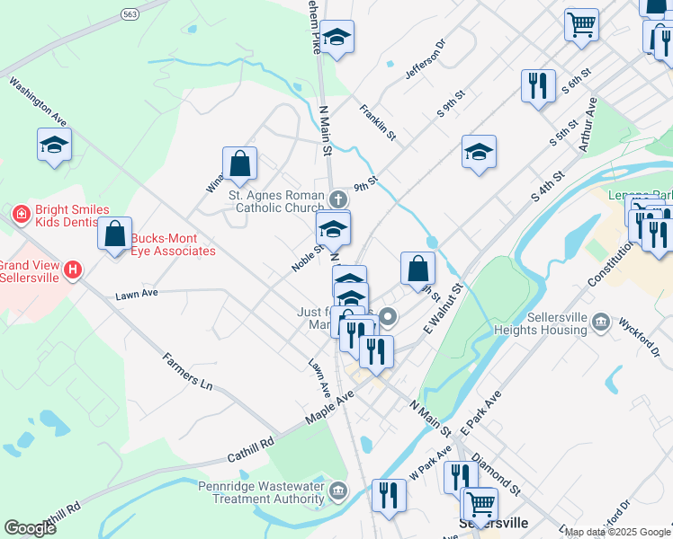 map of restaurants, bars, coffee shops, grocery stores, and more near 360 North Main Street in Sellersville