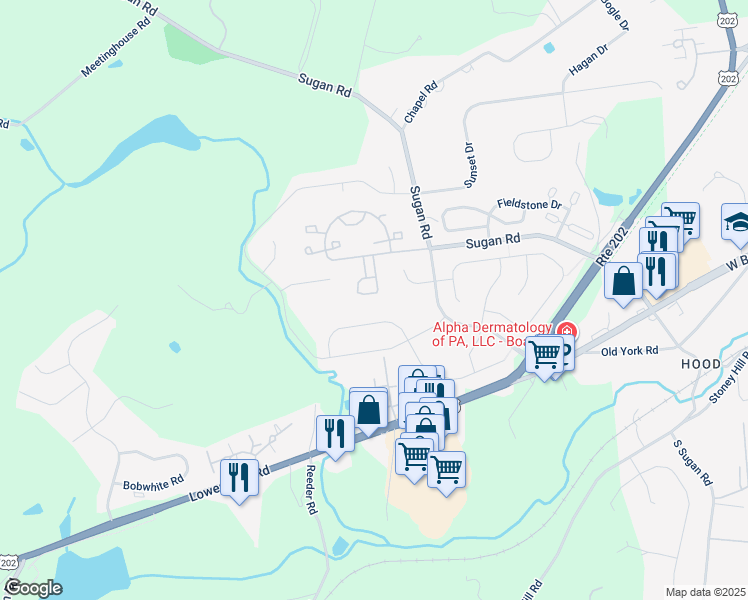 map of restaurants, bars, coffee shops, grocery stores, and more near 835 Breckenridge Court in New Hope
