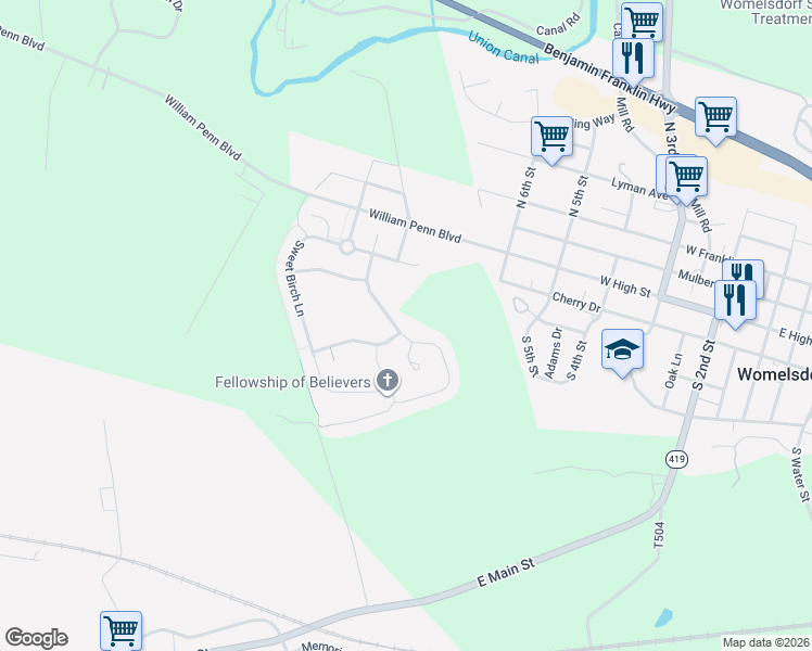 map of restaurants, bars, coffee shops, grocery stores, and more near 171 Copper Beech Lane in Womelsdorf
