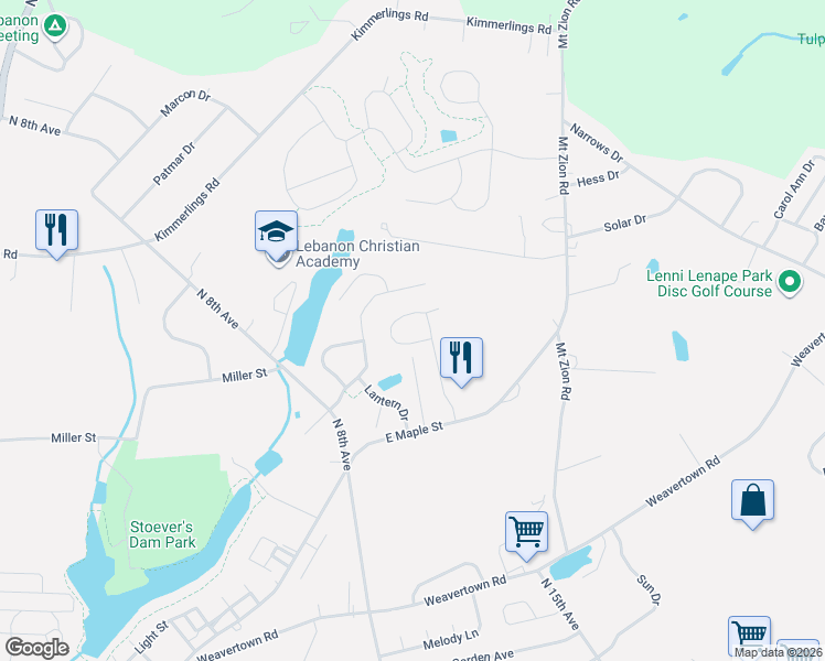 map of restaurants, bars, coffee shops, grocery stores, and more near 935 East Maple Street in Lebanon