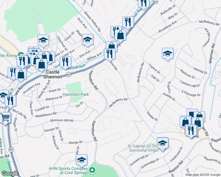 map of restaurants, bars, coffee shops, grocery stores, and more near 239 Castle Road in Pittsburgh