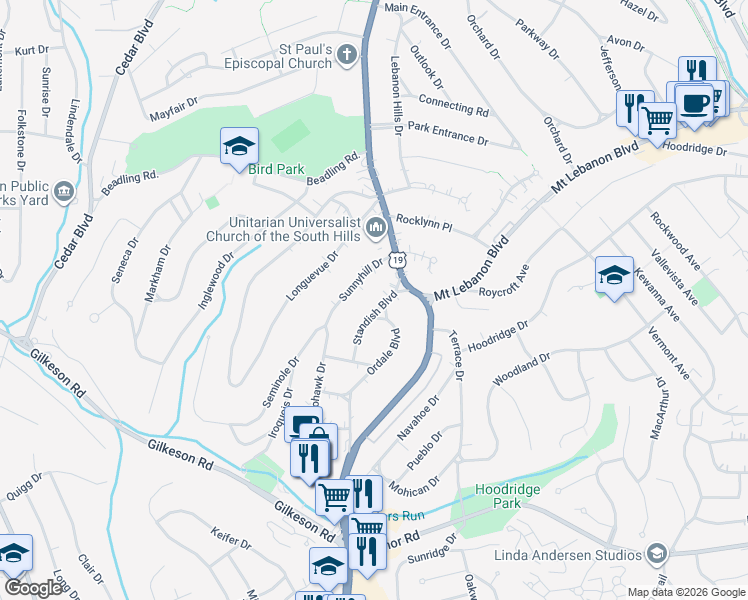 map of restaurants, bars, coffee shops, grocery stores, and more near 30 Standish Boulevard in Pittsburgh