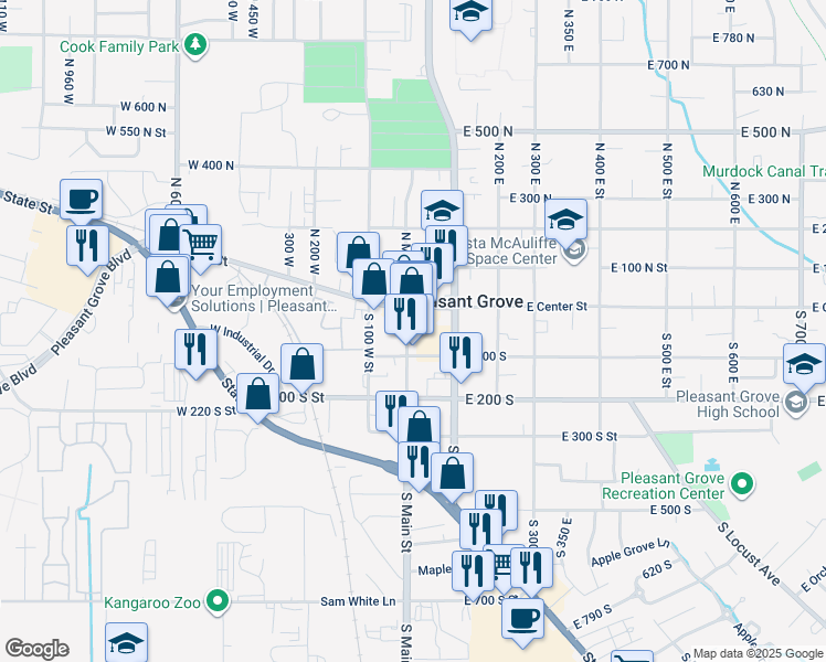 map of restaurants, bars, coffee shops, grocery stores, and more near 20 South Main Street in Pleasant Grove