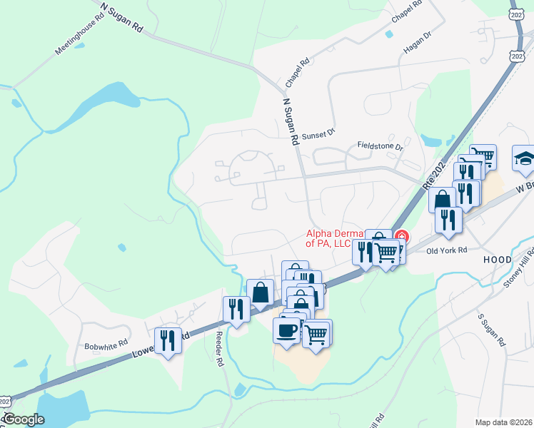 map of restaurants, bars, coffee shops, grocery stores, and more near 907 Adam Court in New Hope
