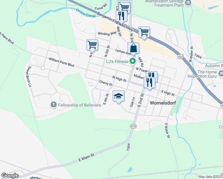 map of restaurants, bars, coffee shops, grocery stores, and more near 20 South 4th Street in Womelsdorf