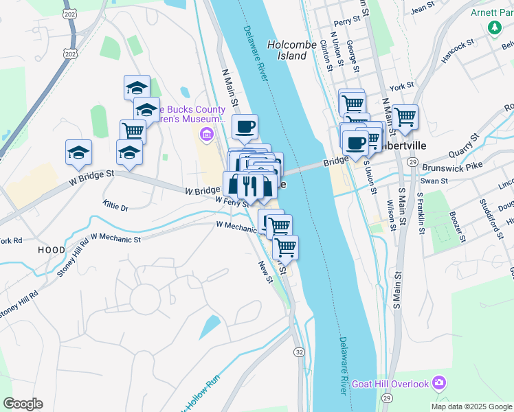 map of restaurants, bars, coffee shops, grocery stores, and more near 10 West Ferry Street in New Hope