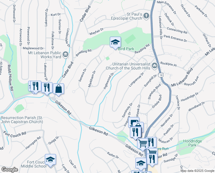 map of restaurants, bars, coffee shops, grocery stores, and more near 209 Inglewood Drive in Pittsburgh