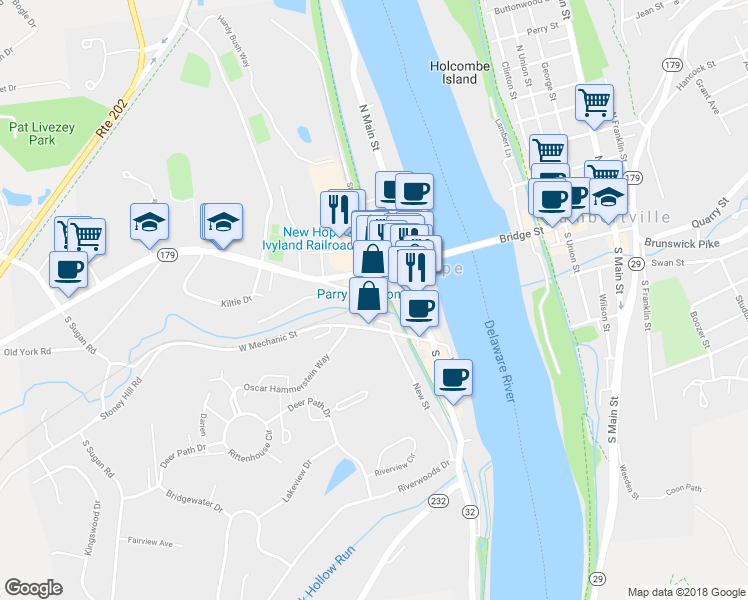 map of restaurants, bars, coffee shops, grocery stores, and more near 43 West Ferry Street in New Hope