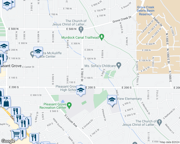 map of restaurants, bars, coffee shops, grocery stores, and more near 34 South 760 East in Pleasant Grove