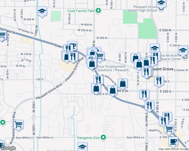map of restaurants, bars, coffee shops, grocery stores, and more near 599 West State Street in Pleasant Grove