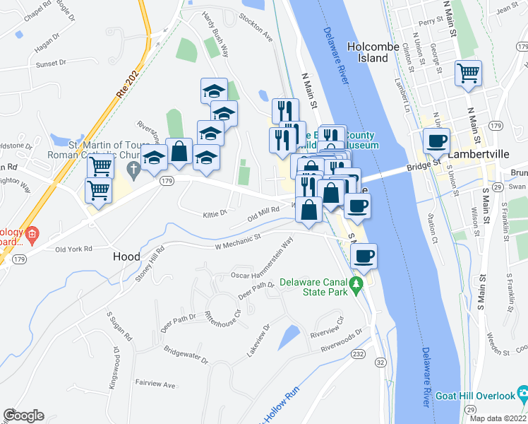 map of restaurants, bars, coffee shops, grocery stores, and more near 16 Old Mill Road in New Hope