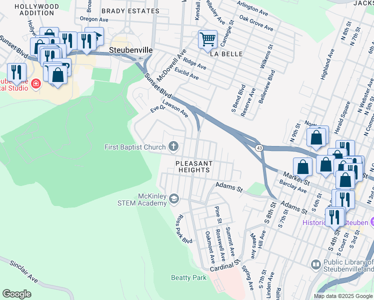 map of restaurants, bars, coffee shops, grocery stores, and more near 327 Union Avenue in Steubenville