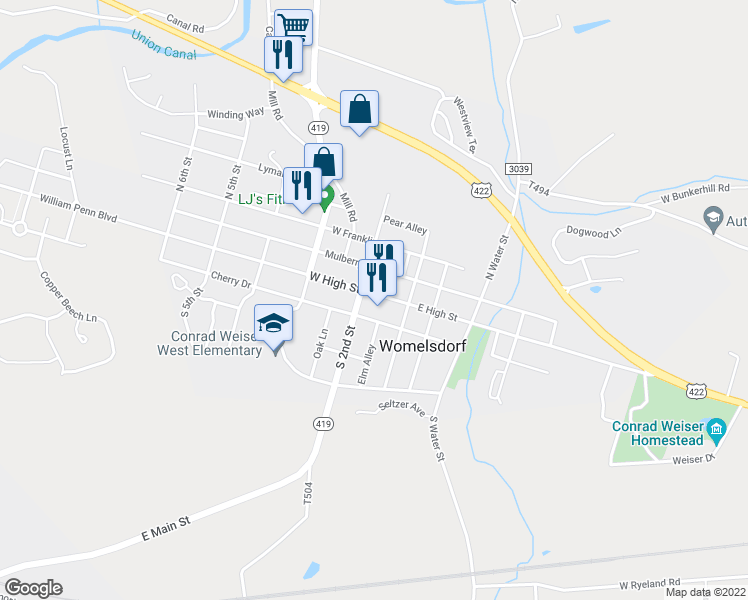 map of restaurants, bars, coffee shops, grocery stores, and more near 142 West High Street in Womelsdorf