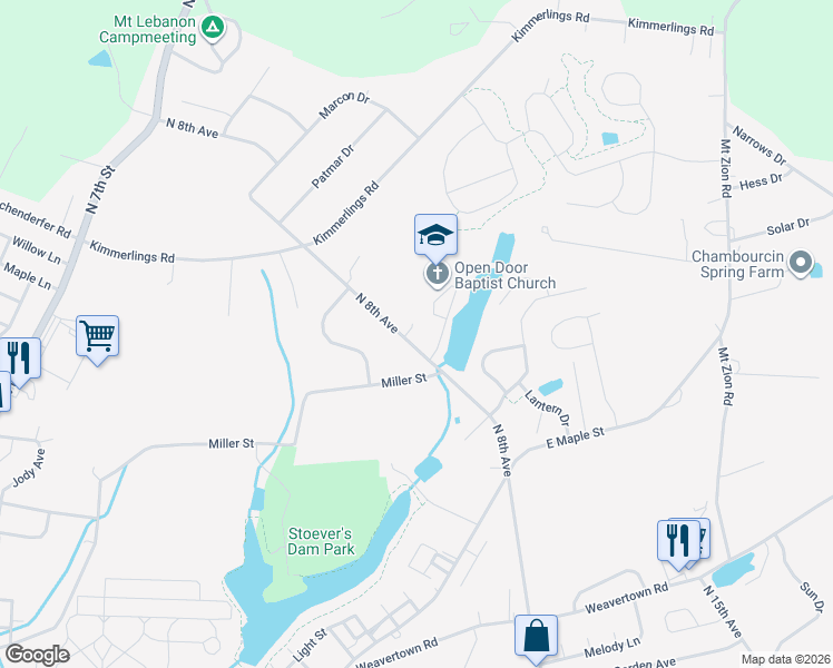 map of restaurants, bars, coffee shops, grocery stores, and more near 1638 N 8th Ave in Lebanon