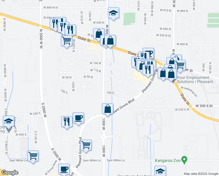 map of restaurants, bars, coffee shops, grocery stores, and more near 1260 West 80 South in Pleasant Grove