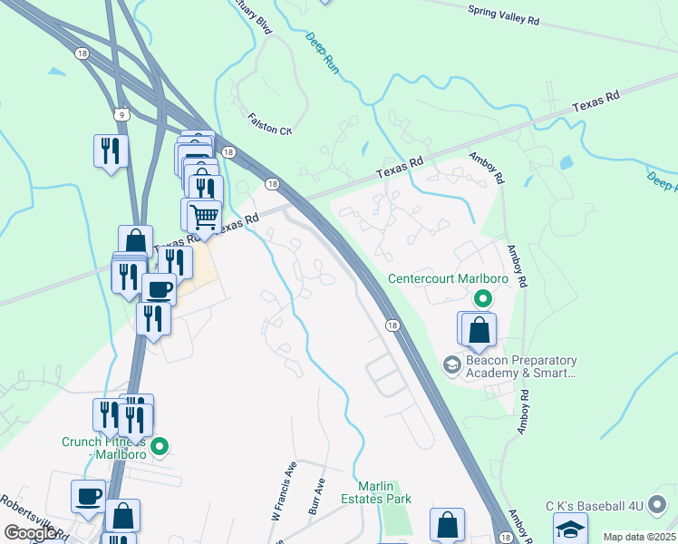 map of restaurants, bars, coffee shops, grocery stores, and more near 833 Mariposa Court in Marlboro Township