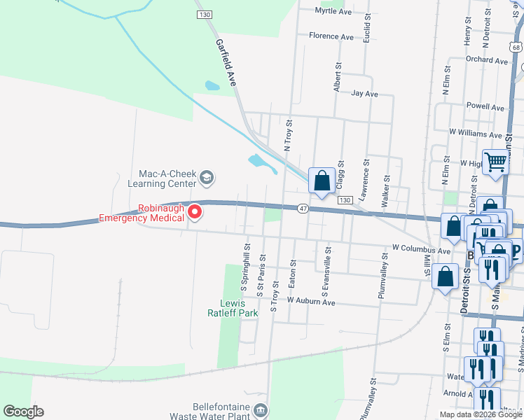 map of restaurants, bars, coffee shops, grocery stores, and more near 1005 West Sandusky Avenue in Bellefontaine
