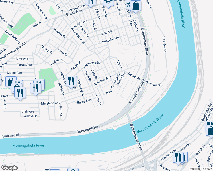 map of restaurants, bars, coffee shops, grocery stores, and more near Orchard Park Avenue in Duquesne