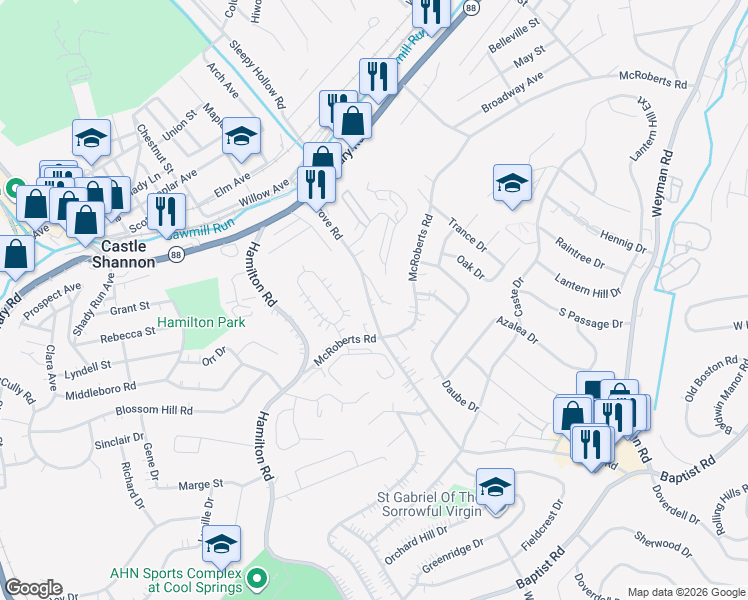 map of restaurants, bars, coffee shops, grocery stores, and more near 1347 Grove Road in Castle Shannon