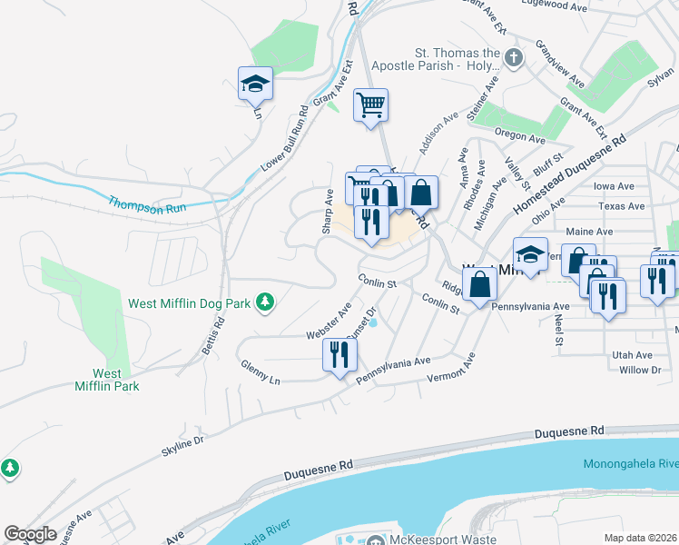 map of restaurants, bars, coffee shops, grocery stores, and more near 2639 Homestead Duquesne Road in West Mifflin