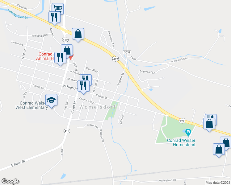 map of restaurants, bars, coffee shops, grocery stores, and more near 28 North Water Street in Womelsdorf