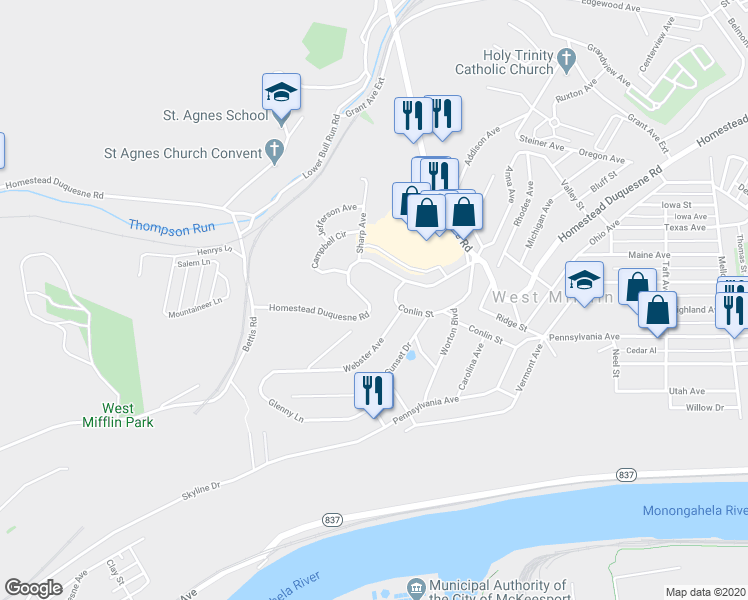 map of restaurants, bars, coffee shops, grocery stores, and more near 2237 Conlin Street in West Mifflin