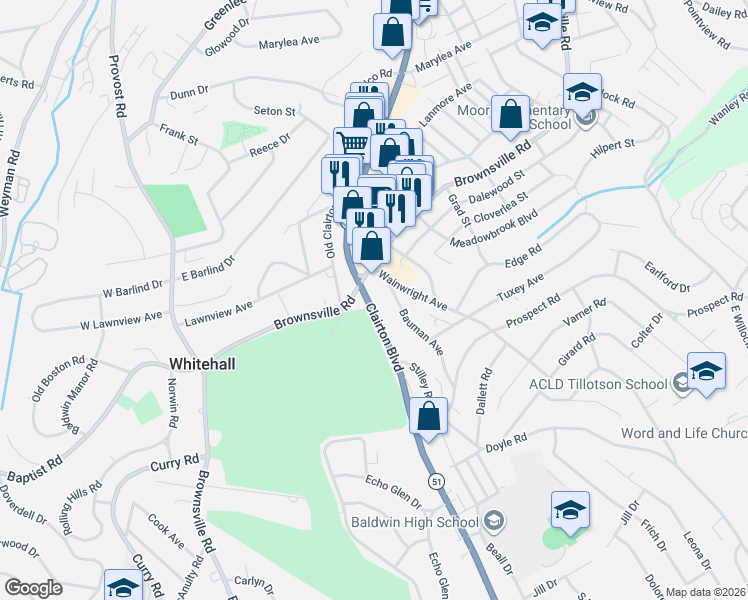 map of restaurants, bars, coffee shops, grocery stores, and more near 108 Bauman Avenue in Pittsburgh