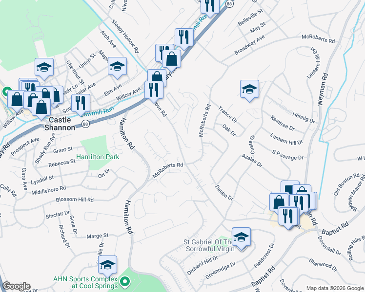 map of restaurants, bars, coffee shops, grocery stores, and more near 1347 Grove Road in Castle Shannon