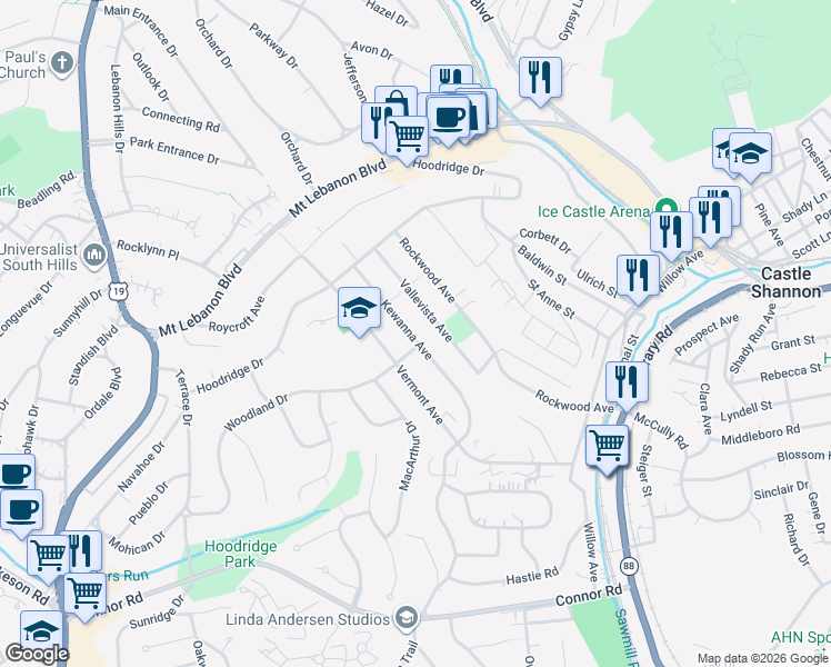 map of restaurants, bars, coffee shops, grocery stores, and more near 721 Kewanna Avenue in Pittsburgh