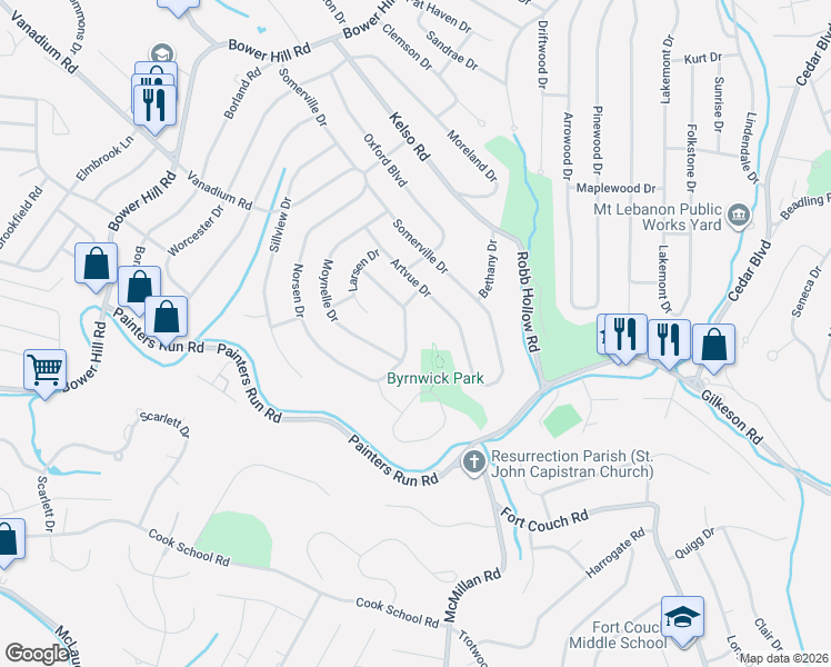 map of restaurants, bars, coffee shops, grocery stores, and more near 866 Lochlin Drive in Pittsburgh