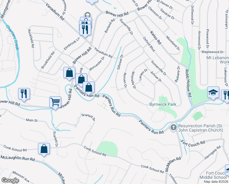 map of restaurants, bars, coffee shops, grocery stores, and more near 1792 Sillview Drive in Pittsburgh