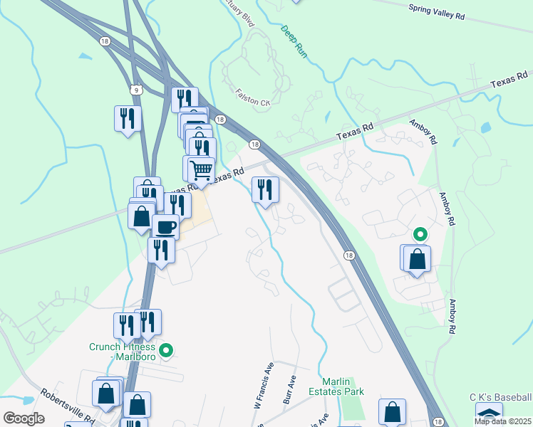 map of restaurants, bars, coffee shops, grocery stores, and more near 426 Indigo Court in Marlboro Township