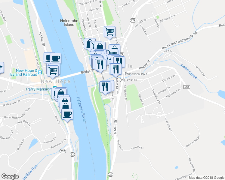 map of restaurants, bars, coffee shops, grocery stores, and more near 30 Wilson Street in Lambertville