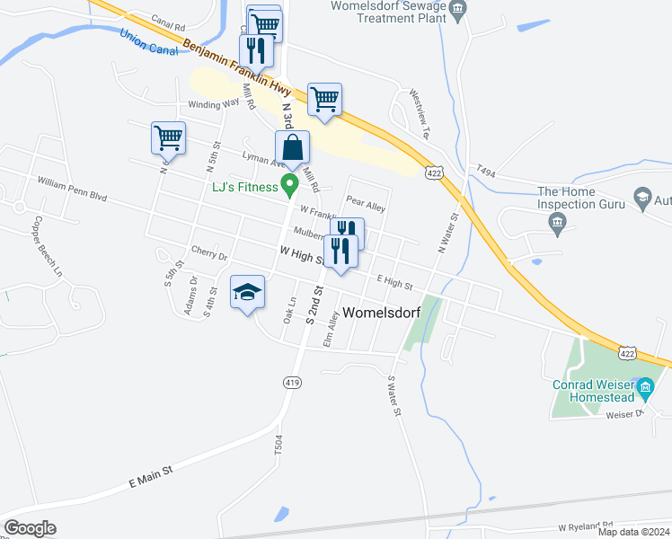 map of restaurants, bars, coffee shops, grocery stores, and more near 146 West High Street in Womelsdorf