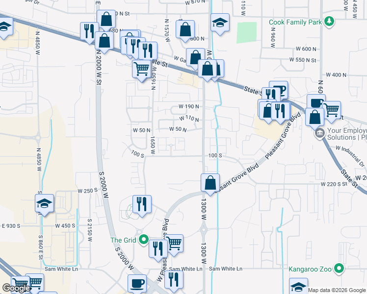 map of restaurants, bars, coffee shops, grocery stores, and more near 68 South 1460 West in Pleasant Grove