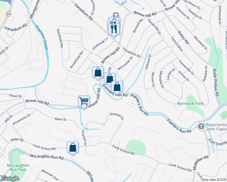 map of restaurants, bars, coffee shops, grocery stores, and more near 1884 Painters Run Road in Pittsburgh
