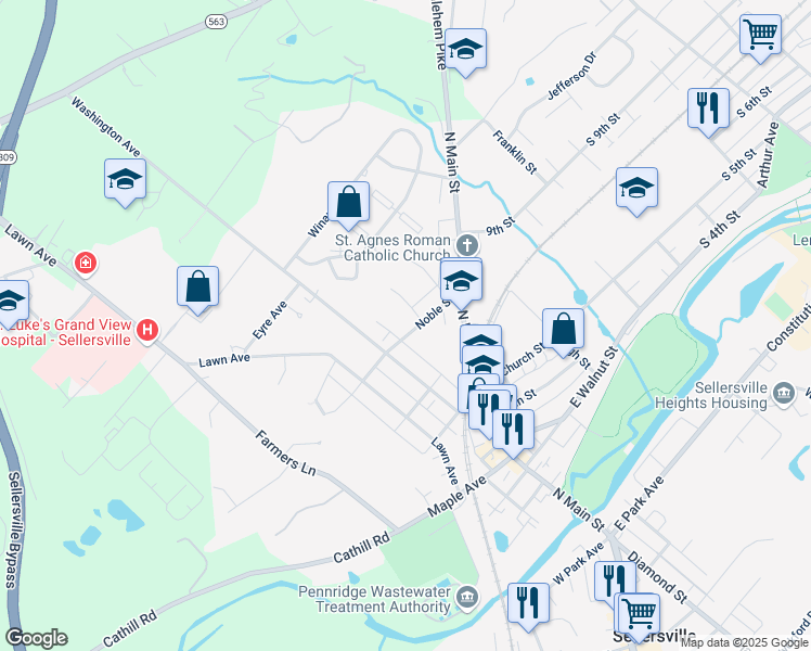 map of restaurants, bars, coffee shops, grocery stores, and more near 41 Noble Street in Sellersville